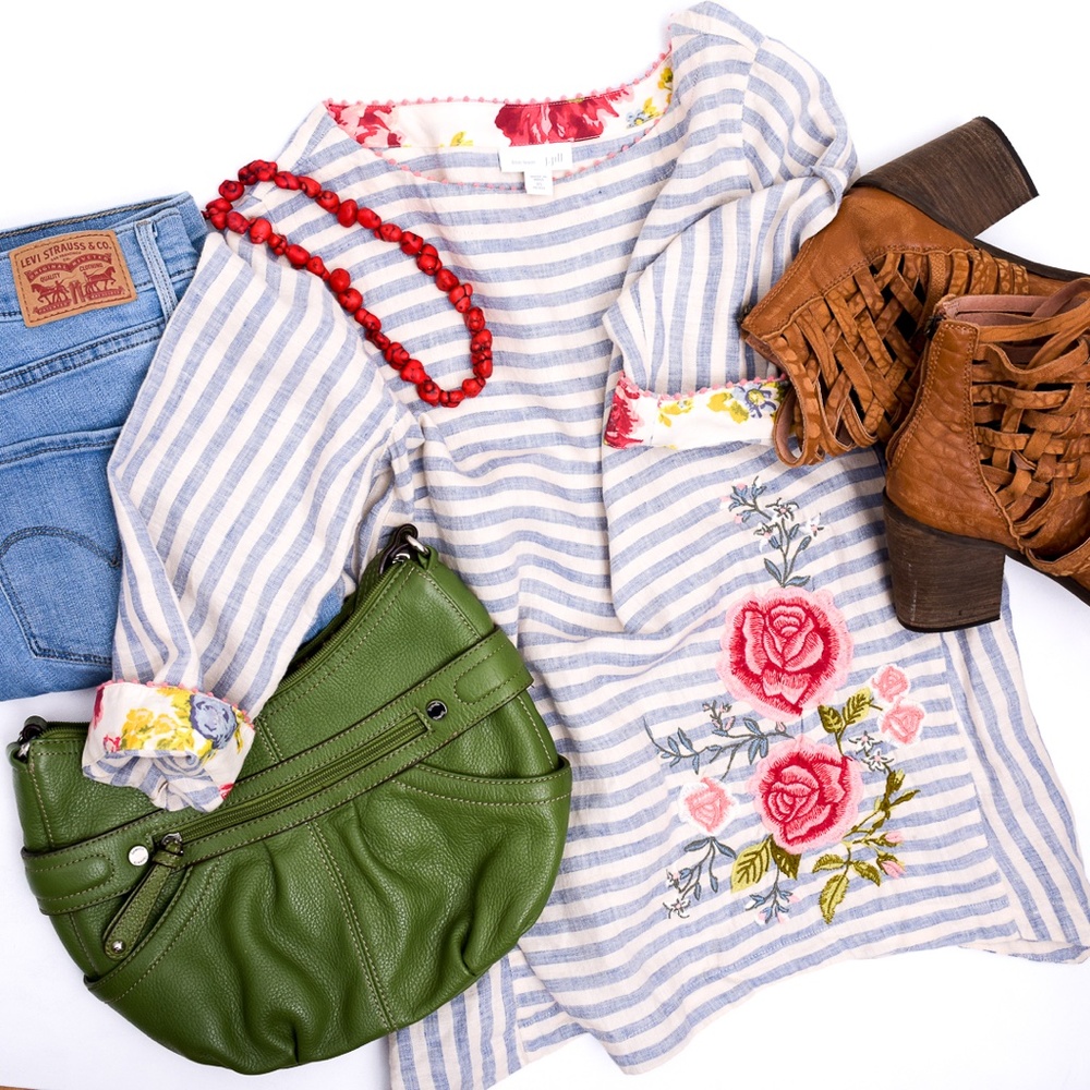 J. Jill Linen Stripe Floral Tunic Chic Spring Embroidered Top XS